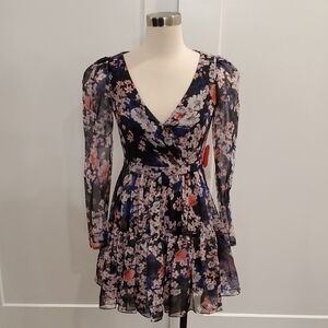 IEENA for MacDuggal Floral Chiffon Dress With Sheer Long Sleeves Size 2 NWTS